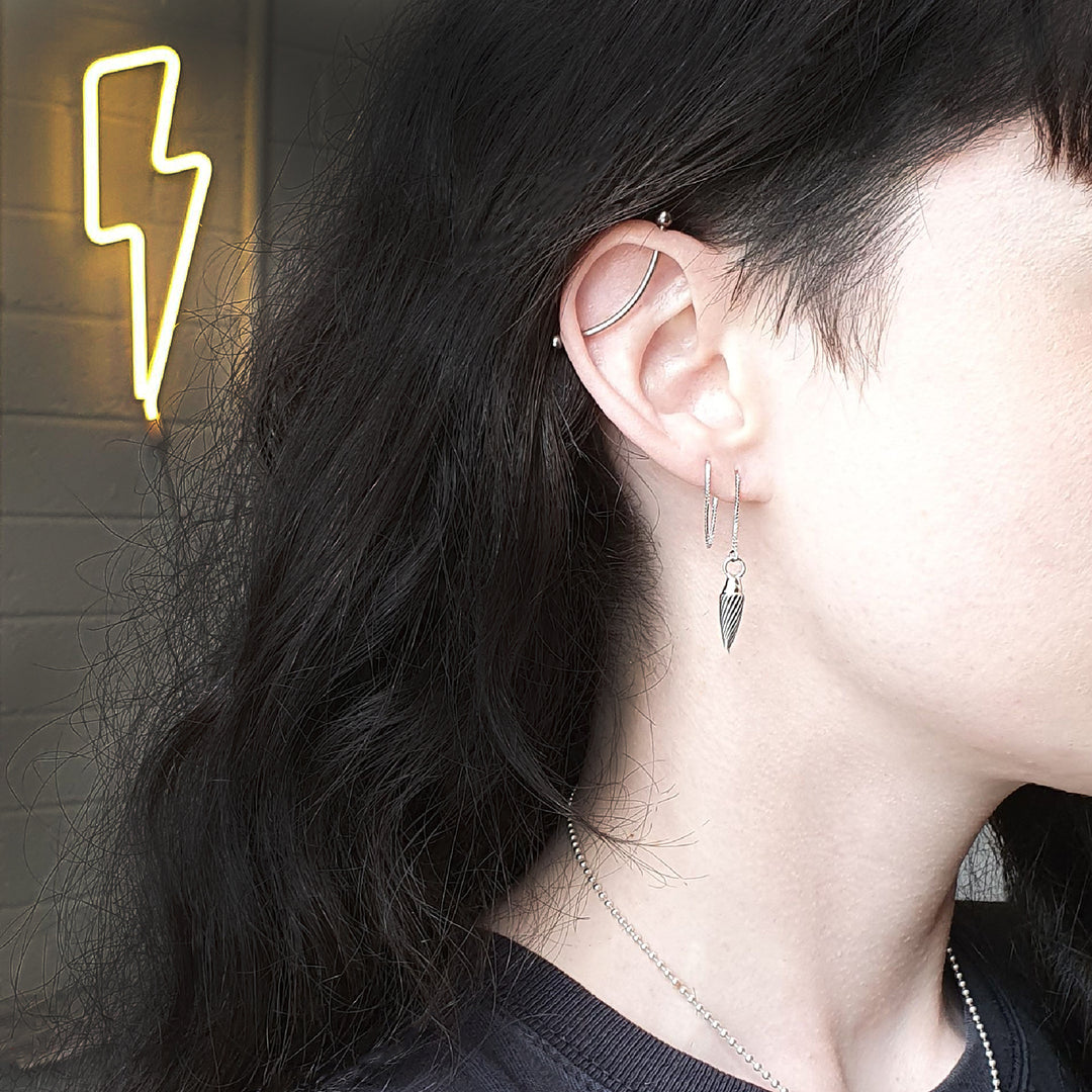 Edge Only Spiral Drop Threader Earring oxidised sterling silver way 2