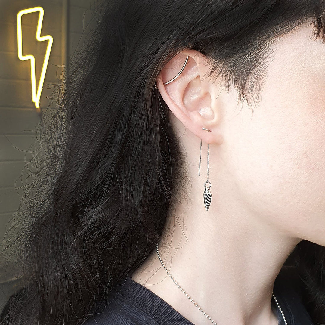 Edge Only Spiral Drop Threader Earring oxidised sterling silver way 3