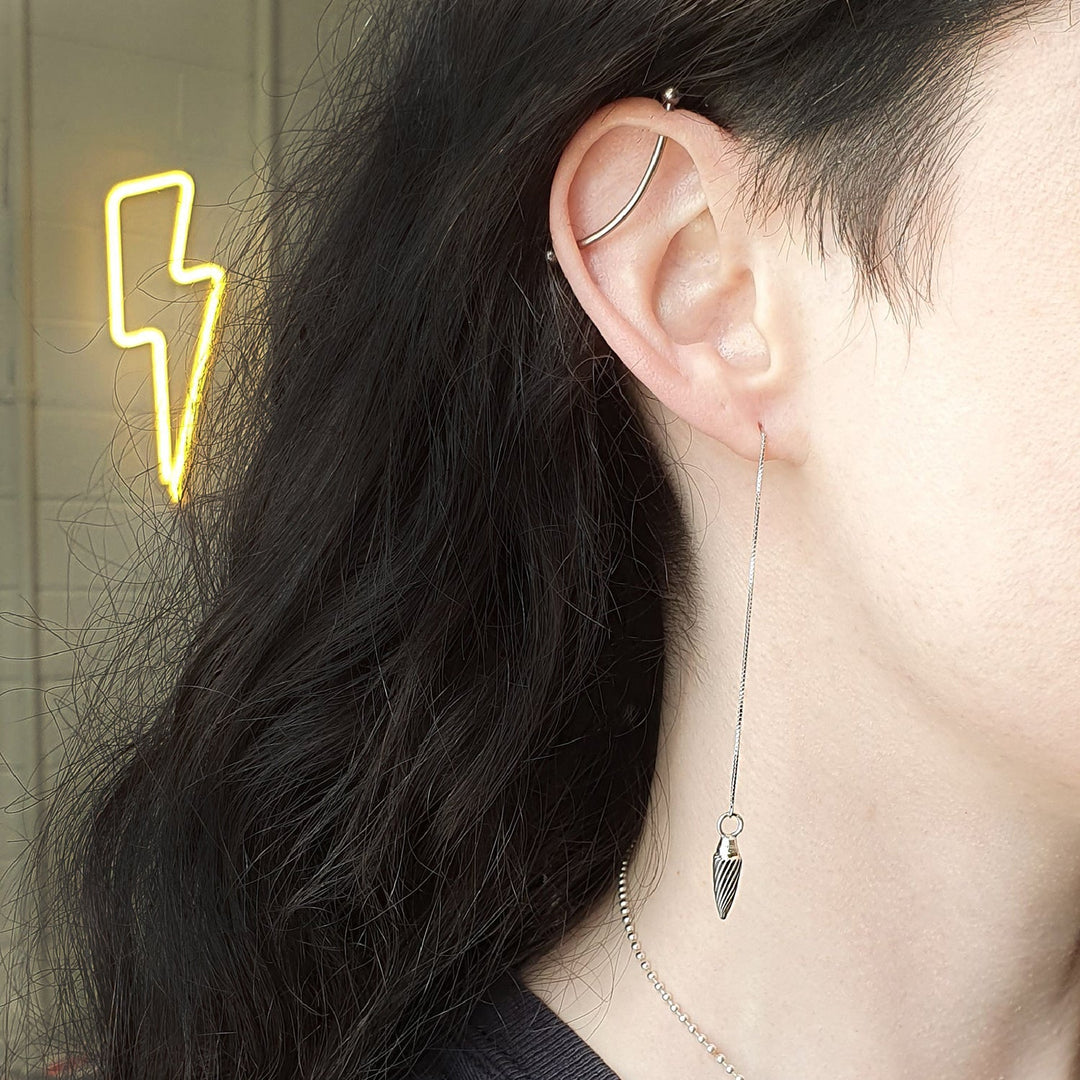 Edge Only Spiral Drop Threader Earring oxidised sterling silver way 4