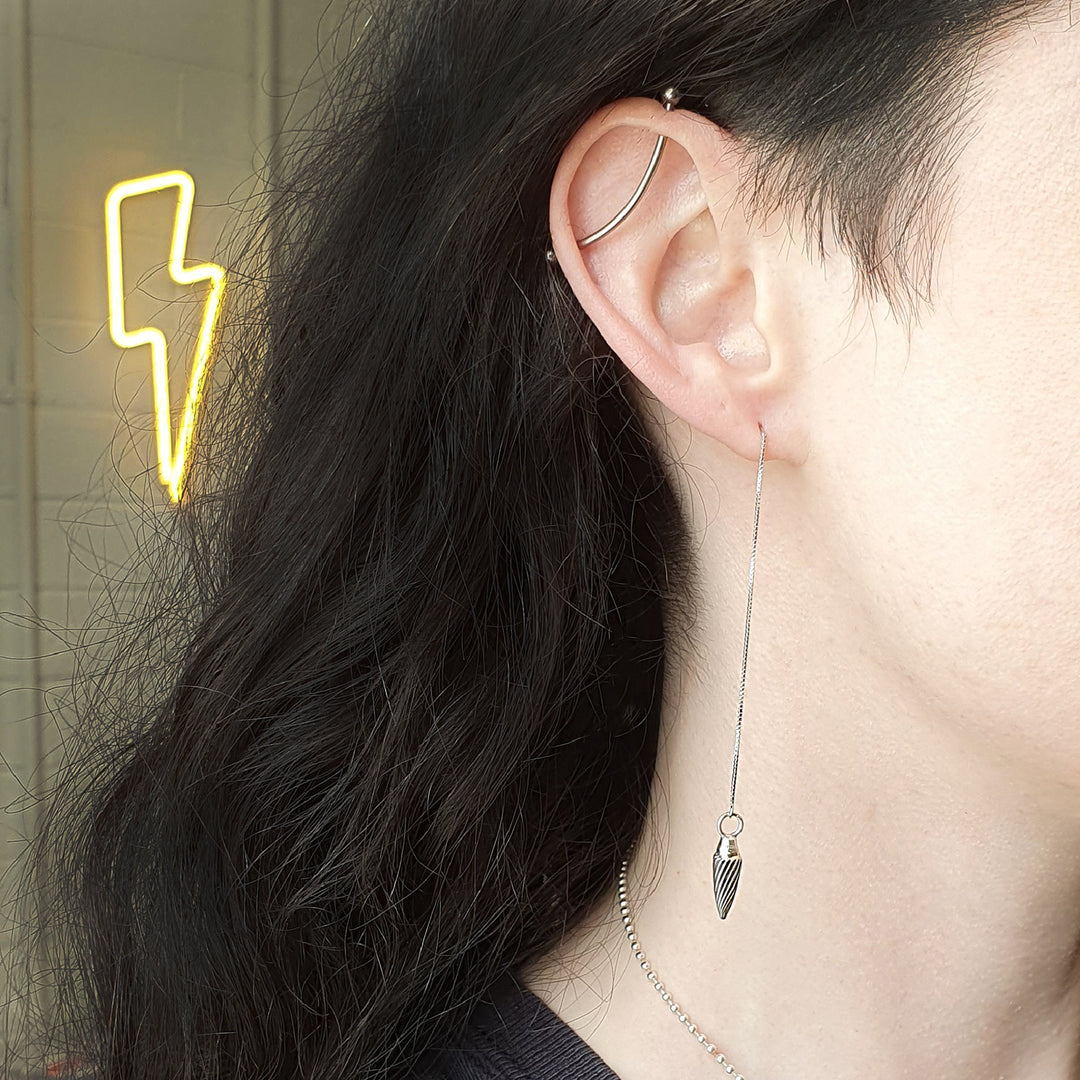Edge Only Spiral Drop Threader Earring oxidised sterling silver way 4