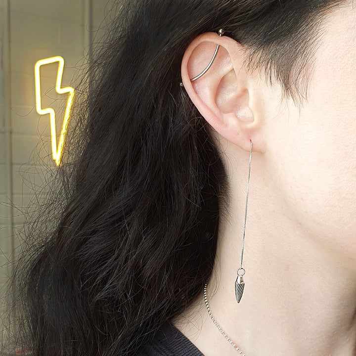 Edge Only Spiral Drop Threader Earring oxidised sterling silver way 4