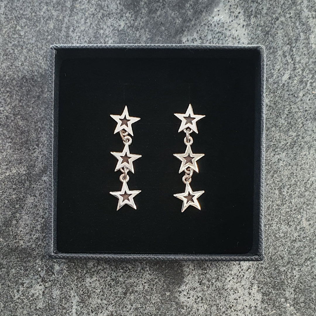 Edge Only Megastar 3 Star Drop Earrings in sterling silver black star
