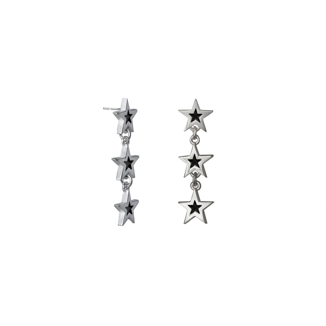 Edge Only Megastar 3 Star Drop Earrings in sterling silver black star