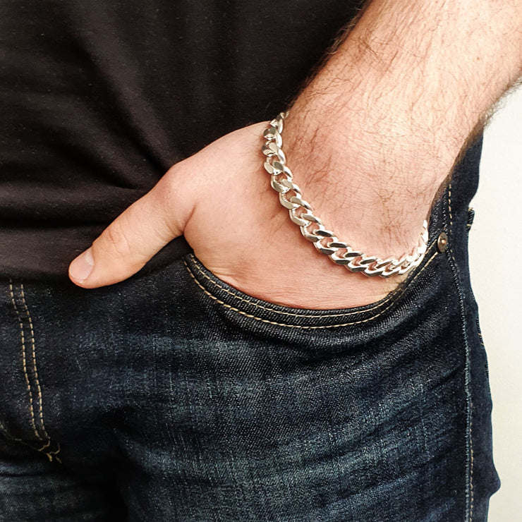Edge Only Heavy Curb Bracelet with click clasp in sterling silver on a man